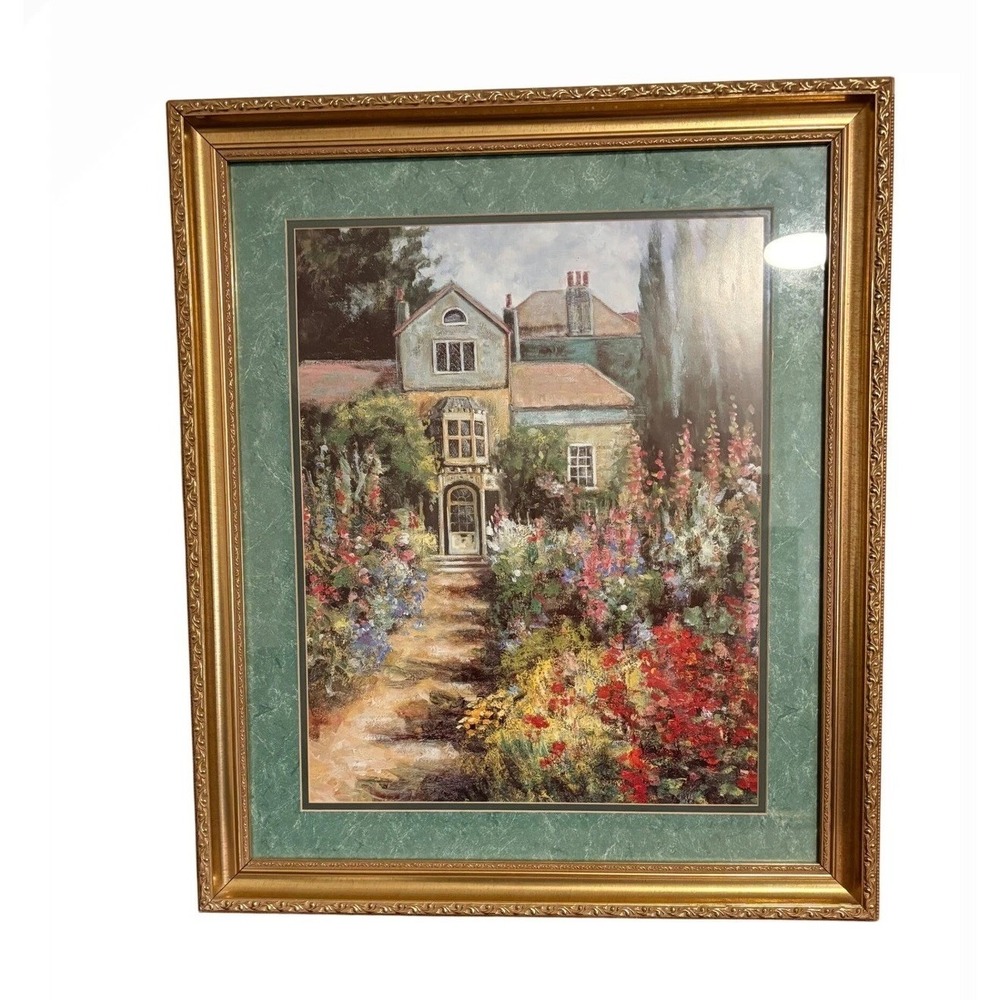 Framed Vintage Art Print Country Garden Cottage House Floral Landscape Wall Art